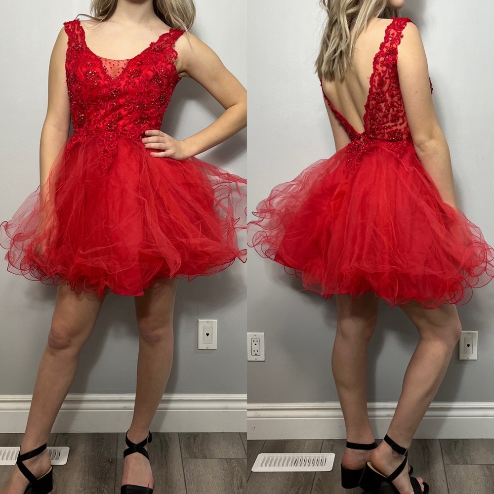 Red Beaded Tulle Party Dress with Deep V Back